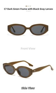 Front and side views of olive green oval cat eye sunglasses with gray lenses