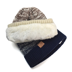 Winter men's knitted beanies with thick fleece lining in brown and navy blue colors