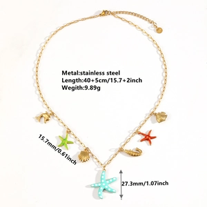 Golden stainless steel ocean necklace with starfish shell charms for summer beach wear