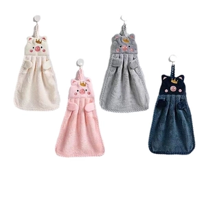 Absorbent coral fleece hand towels with cute pig design in white, pink, grey and blue colors