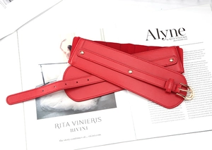 Detail of red elastic waist belt with gold D-ring buckle and rivets on fashion magazine