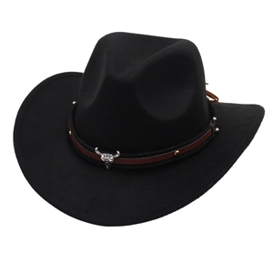 Classic black felt cowboy hat featuring vintage leather band with silver bull skull ornament