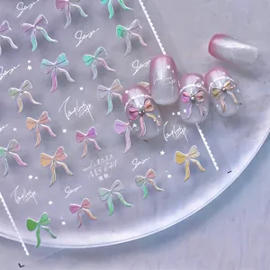 Autocollants pour Ongles Nœud Relief 3D Holographique Œil de Chat Dégradé Rose Autocollant Décoratif pour Manucure DIY Femmes Décoration