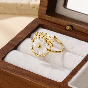 Flower Leaf Open Ring 18K Gold Plated Stainless Steel Shell Adjustable Non Fading Fashion Jewelry Gift For Women