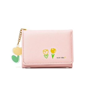 Pink tri-fold wallet for women with cute tulip print and matching floral keychain