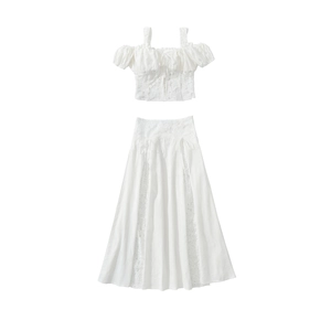 Women Elegant White Lace Patchwork Off Shoulder Ruffle Top Or High Waist Pleated Long Skirt Streetwear Casual Clothing