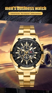 Close-up of gold stainless steel watch face with luminous hands and calendar detail
