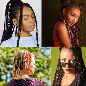 Collage of four models wearing gold hair coils and purple crystal charms on braids