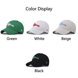 Casual cotton baseball caps with California embroidery in green, white, beige, and black