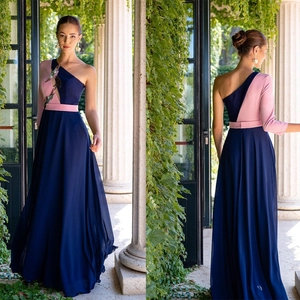 Robe De Soiree En Mousseline A Une Epaule Bloc De Couleur Broderie Oiseaux Fleurs Longue Elegante