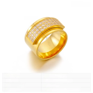 Detail view of 14mm wide gold stainless steel ring featuring four rows of pave rhinestones