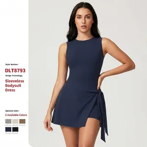 Robe De Tennis Sport Femme Nylon Spandex Sans Manches Noeud Latéral Col Rond Dos En U Short Intégré Coupe Ajustée