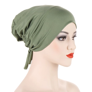 Detail of olive green inner hijab cap with adjustable drawstring and ruched design