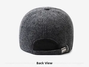 Detail view of dark grey herringbone wool baseball cap back with metal adjustable buckle