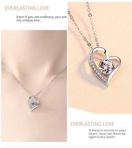 Detail of S925 silver heart necklace with a round zircon and micro-pave crystals