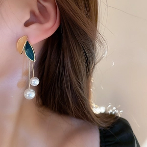 Vintage leaf earrings with contrasting enamel colors, pearl tassels and gold plated finish