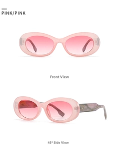 Close-up of pink translucent oval sunglasses with marble texture temples and metal studs