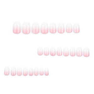 Pink and white gradient French press-on nails with minimalist snowflake design