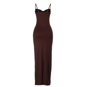 Back view of a sleek brown bodycon maxi dress featuring thin spaghetti straps and a slim fit