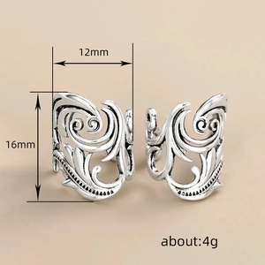 Retro silver leaf ear cuffs with vintage scroll patterns and dimensions 16mm by 12mm