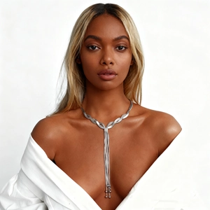 Silver multi-layer chain tassel necklace with Y-shape long snake chain for women