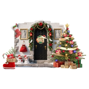 3D Christmas wall stickers with snowy gate, decorated tree, gift boxes and Merry Xmas text