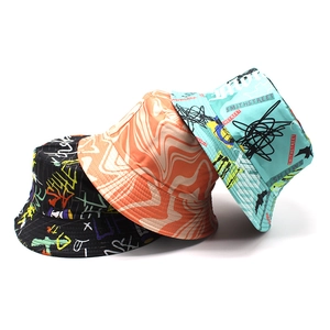 Graffiti Print Reversible Bucket Hat Cotton Blend Streetwear Hip Hop Sun Protection Outdoor Foldable Basin Cap