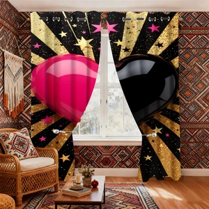 Detail of blackout grommet curtains featuring a pink and black heart starlight design