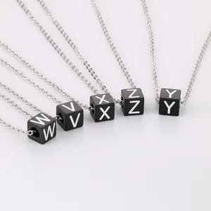 Collier Initiale Alphabet En Acier Inoxydable Pendentif Cube Noir Lettre Blanche Minimaliste Bijoux Unisexe Tendance
