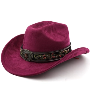 Detail of burgundy western cowboy hat featuring floral embroidery and vintage metal buckle