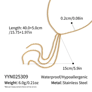 Detailed size chart for stainless steel Y-shaped beaded tassel necklace with measurements