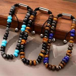 Set di tre bracciali da uomo in pietre naturali occhio di tigre con cordino regolabile