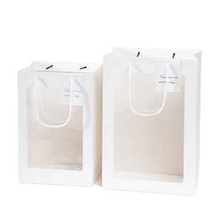 White gift bag with clear PVC window and woven handles for flowers or gifts
