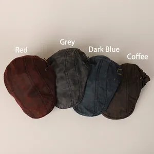 Vintage washed cotton flat caps for men and women in red, grey, blue, and coffee colors