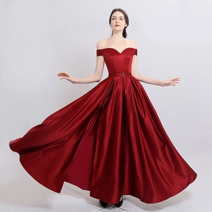 Robe De Soirée Femme Épaules Dénudées Satin Longue Dos Lacé Coupe Trapèze Bal