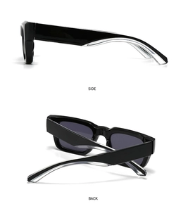Side and back view of retro square sunglasses with black frame and silver temples