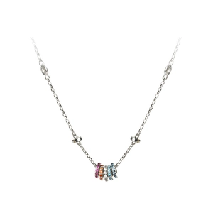 Minimalist S925 silver necklace featuring five colorful gemstone rings and crystal accents