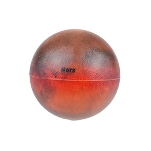 Detailed view of the Mars stress relief ball showing its red textured surface and logo