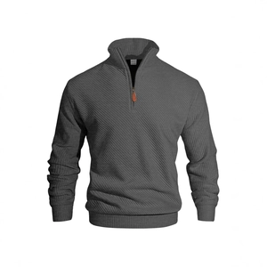 Men's dark grey half-zip corduroy sweatshirt with standing collar and long sleeves