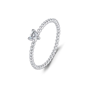 Polished S925 silver beaded ring featuring a sparkling heart-shaped Moissanite stone