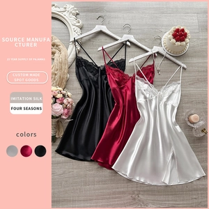 Women Satin Nightgown Lace Trim V Neck Spaghetti Strap Sleepwear Slip Dress Side Slit Elegant Satiny Loungewear