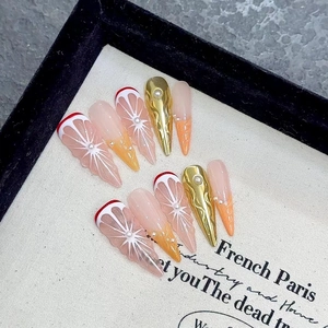 Handgefertigte Aufklebenägel Stiletto Form Sommer Süße Orange Citrus 3D Textur Goldfolie Künstliche Perle Farbverlauf Luxus Maniküre