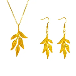 Leaf Pendant Necklace And Dangle Earrings 18K Gold Plated Stainless Steel Vintage Elegant Tassel Jewelry For Women