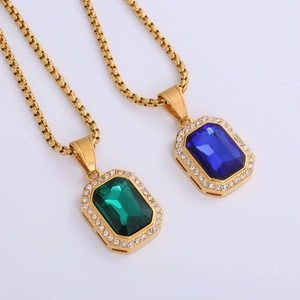 Hip Hop 18k gold plated necklace with emerald and sapphire rectangular diamond pendants