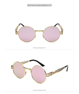 Close-up of steampunk round metal sunglasses with purple mirror lens and carved temples