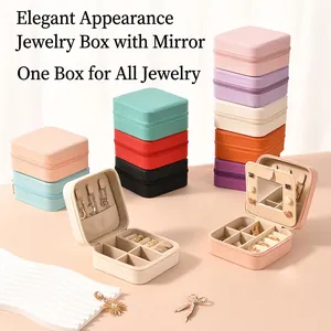 Portable Jewelry Organizer Box PU Leather Velvet Travel Case With Mirror For Rings Earrings Necklaces Storage Elegant
