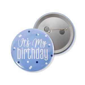 Light blue 'It's My Birthday' badge showing front pattern and back safety pin clasp