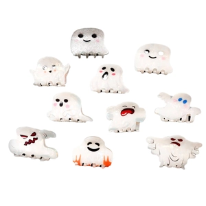 Set of 10 white ghost hair clips with various cute cartoon expressions and pearly finish