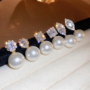 Elegant Geometric Faux Artificial Pearl Cubic Zirconia Drop Earrings With 925 Sterling Silver Earring Post Copper Gold Plated