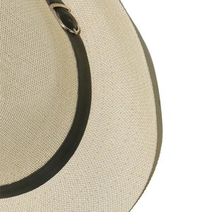 Macro shot of fine natural straw weaving texture and black leather band with silver buckle
